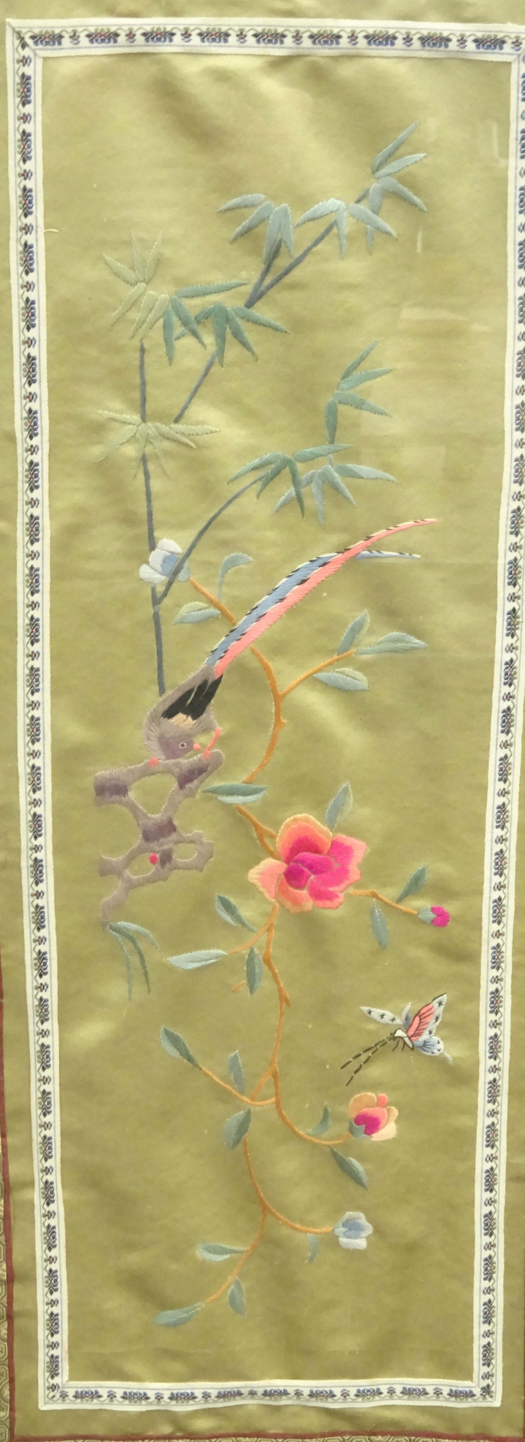 Chinese Silk Panel embroidered with flowers and insects 53cm x 20cm and two other smaller silk - Image 3 of 4