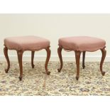 Pair late 19th century French stools, serpentine upholstered seats on carved cabriole supports,