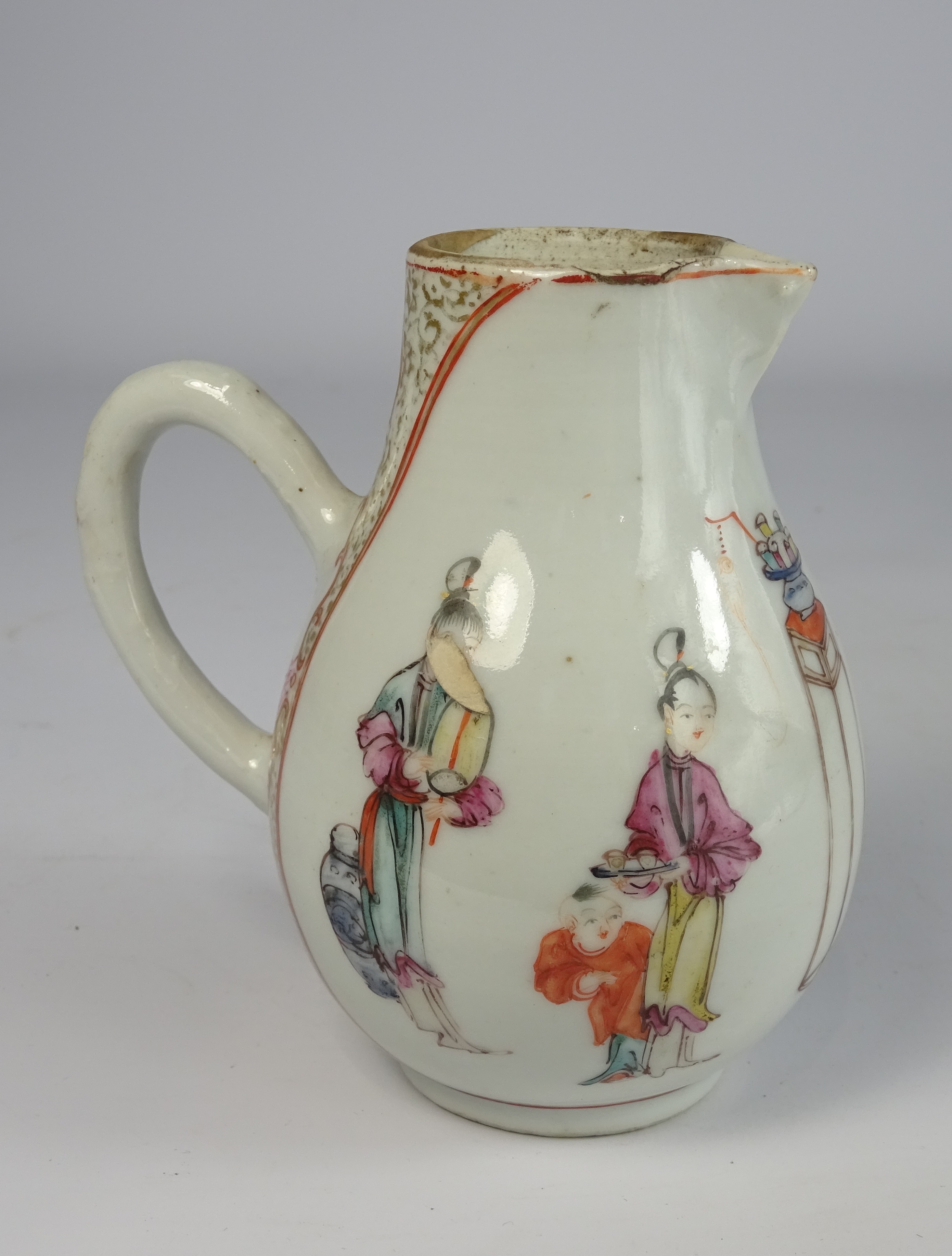 Chinese famille-rose jug decorated with figures and with sparrow beak spout and loop handle, - Image 2 of 7