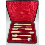 Cased set of six plated serving implements, including Stilton scoop, marrow scoop, pickle fork etc.