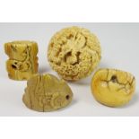 Japanese carved ivory Netsuke with floral decoration,