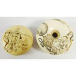 Japanese ivory Kagamibuta Netsuke carved with a figure,