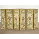 18th century Rococo design six panel folding screen, floral urn and scroll painted on canvas,