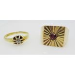 Gentleman's 9ct gold garnet set signet ring and an 18ct gold ring set with a diamond