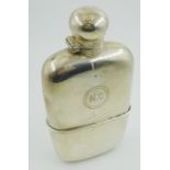 Late Victorian silver Spirit Hip Flask with screw off cover and silver cup engraved with initials N.