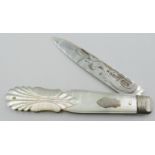 Silver bladed and mother of pearl fruit knife with engraved decoration, Sheffield 1851,