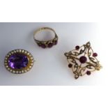 9ct Gold five stone amethyst ring, two seed pearl and amethyst brooches,