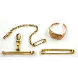 9ct gold Tie Pin, short 9ct gold watch chain, 9ct bar brooch and a 9ct gold signet ring (14.6gms).