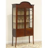 Edwardian inlaid mahogany display cabinet, enclosed by two glazed door, W91cm, D33cm,