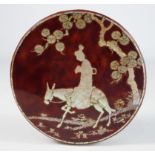 Chinese tortoiseshell circular box and cover inlaid in mother of pearl with a figure on a donkey