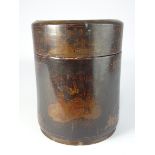 Chinese lacquered cylindrical bamboo box and cover decorated with figures animals and flowers 16cm