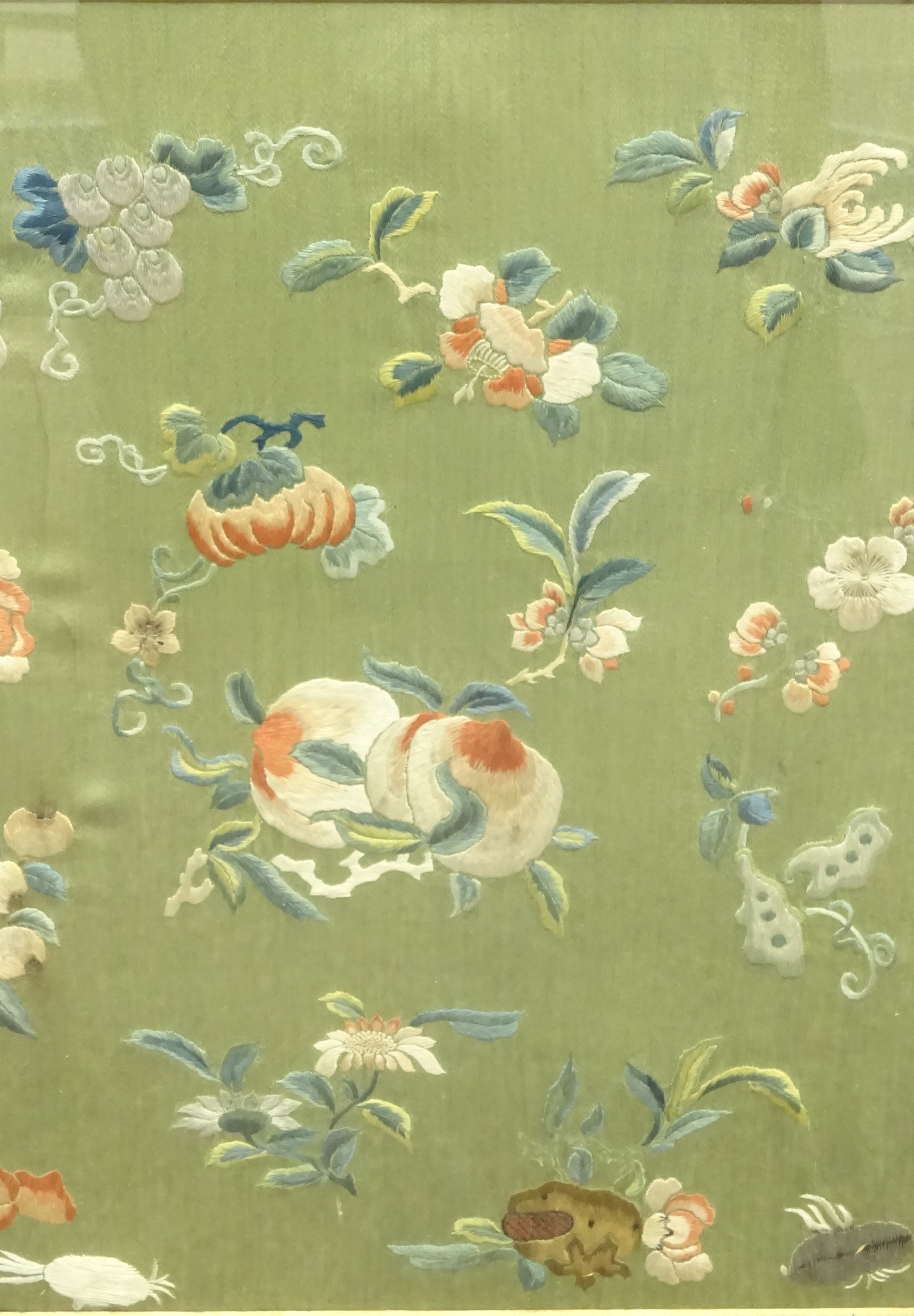 Chinese Silk Panel embroidered with flowers and insects 53cm x 20cm and two other smaller silk - Image 2 of 4