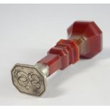 Carved red banded agate desk seal with the monogram "L.