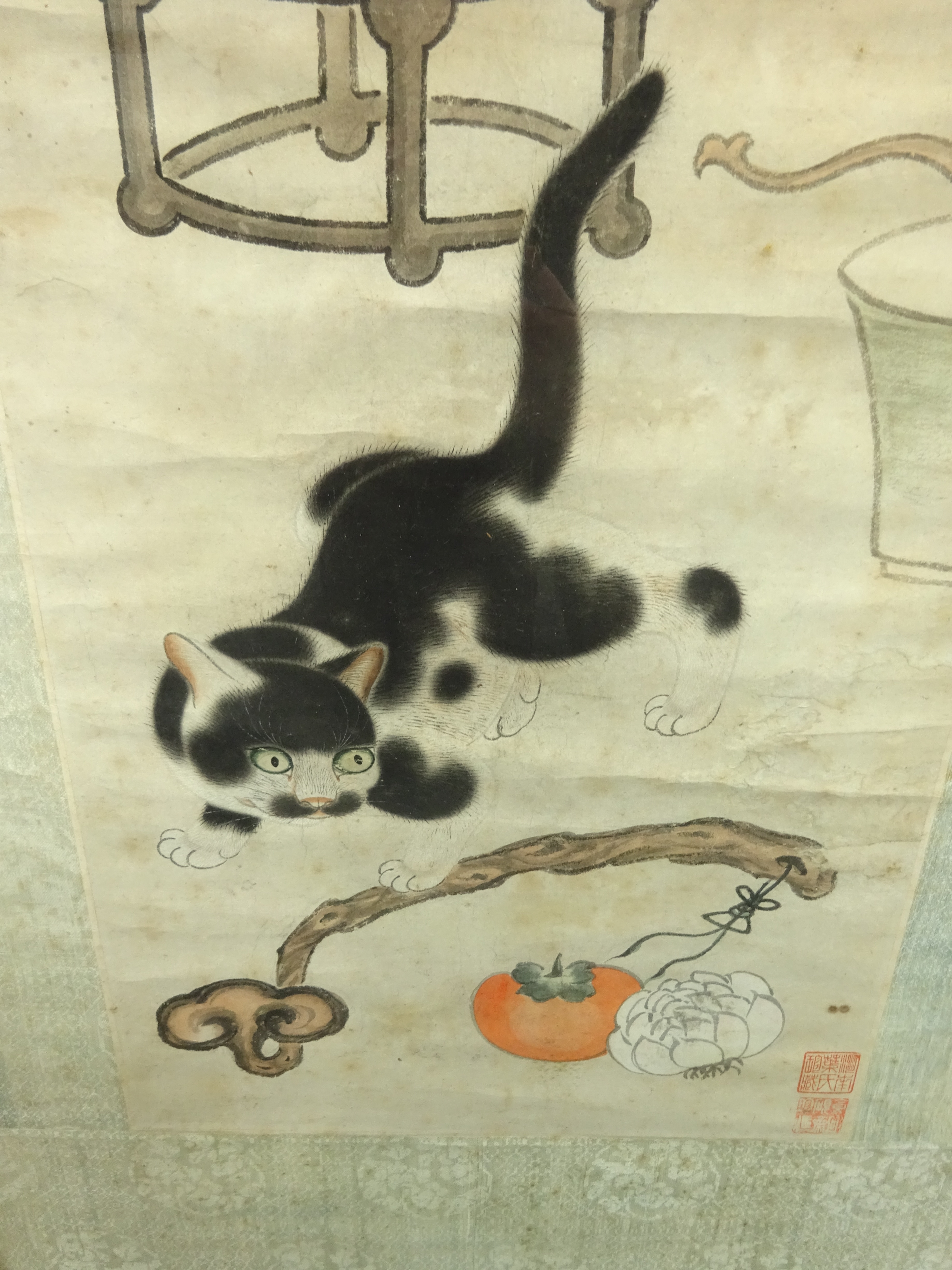 Chinese Kang Xi scroll of a cat and a vase, - Image 6 of 7