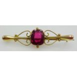 9ct Gold Bar Brooch set with an oblong facet cut ruby Condition Report & Further Details