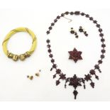 Garnet bead set link Necklace of floral design, a similar brooch and earrings,