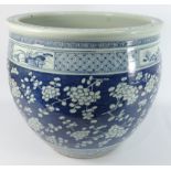 Large 19th Century Chinese jardinière decorated with prunus in blue and white 46cm diameter - Roger