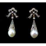 Pair of pearl and diamond pendant earrings Condition Report & Further Details