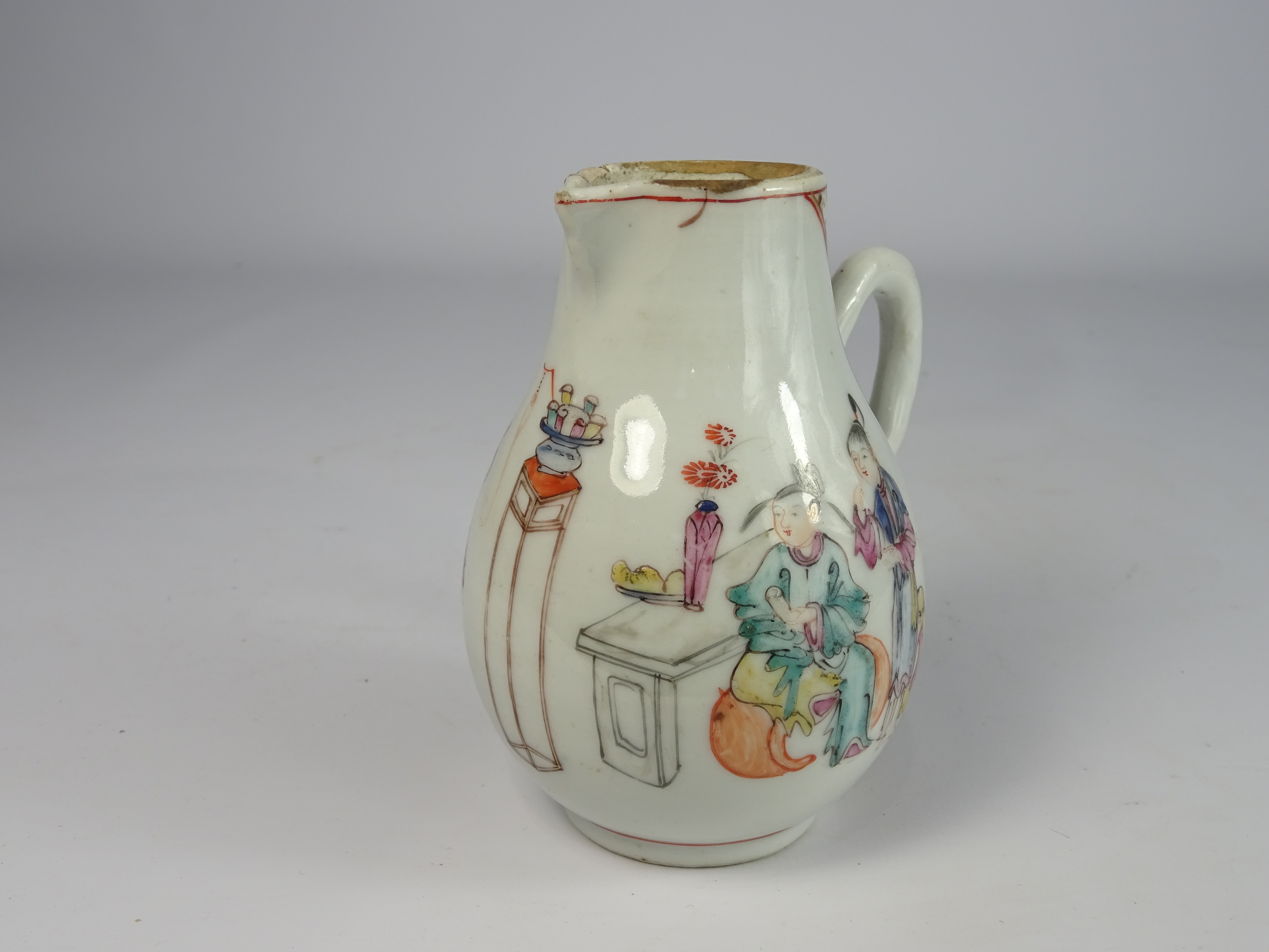 Chinese famille-rose jug decorated with figures and with sparrow beak spout and loop handle, - Image 3 of 7