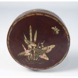 18th Century Japanese tortoiseshell circular box and cover inlaid with mother of pearl bullrushes