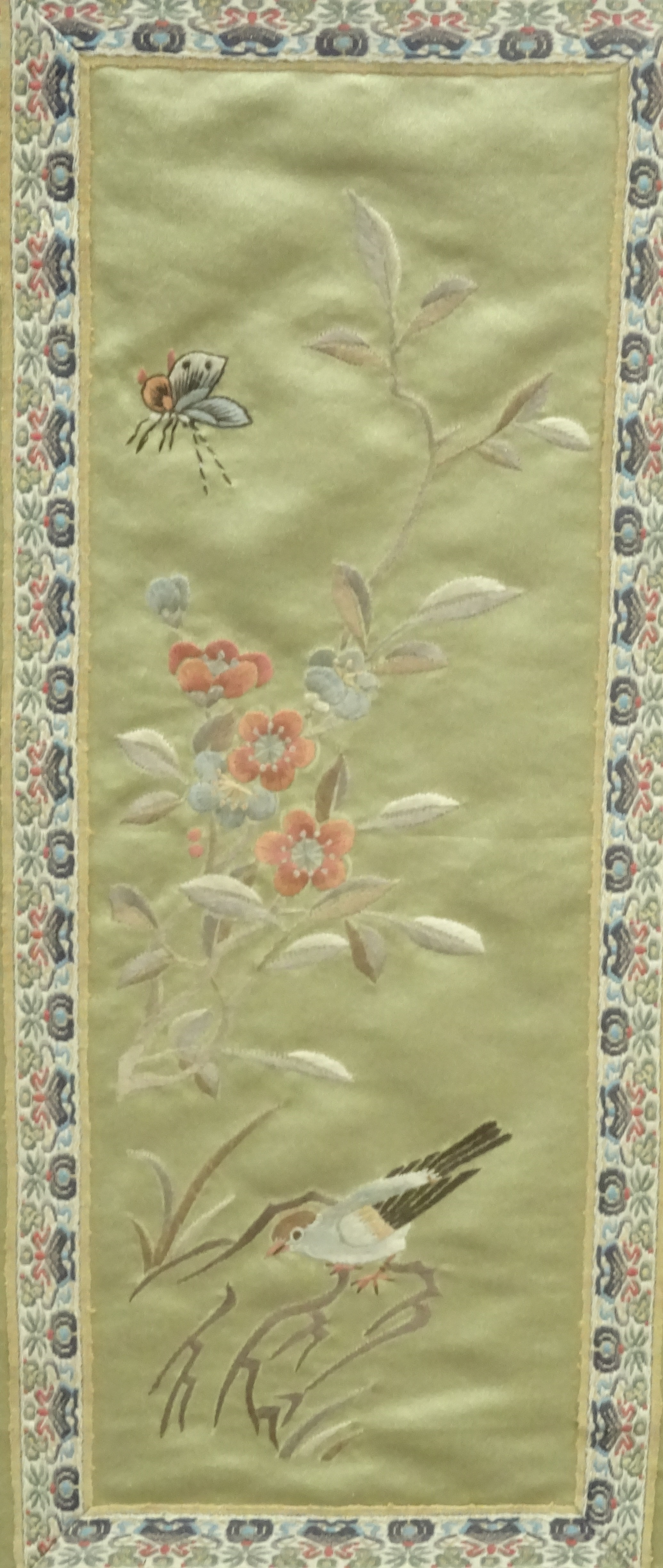 Chinese Silk Panel embroidered with flowers and insects 53cm x 20cm and two other smaller silk - Image 4 of 4