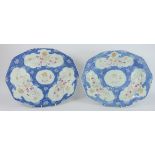 Pair of 19th Century Chinese platters decorated with panels of flowers on a scaled blue ground,