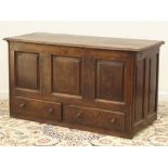 18th century oak mule chest, fielded panelled front, sides and back, two drawers, W139cm, H74cm,