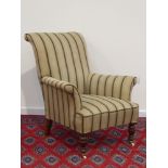 Late 19th century beech framed armchair upholstered in herringbone and green striped fabric,