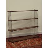 George III mahogany four tier wall shelf with brass grille side supports, W94cm,