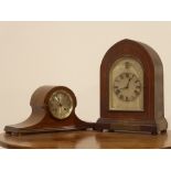 20th Century mantel clock with engraved steel dial and gong strike in domed inlaid mahogany case