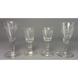 Pair of 18th Century Cordial Glasses with etched decoration on cushion knop stems and folded foot,