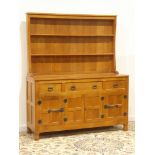 'Lizardman' oak dresser with adzed top, raised two heights plate rack,