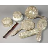 Silver backed Dressing Table Set comprising hairbrush, clothes brush, pair of mirrors,
