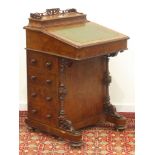 Victorian figured walnut and satinwood davenport, sloped leather inset top,