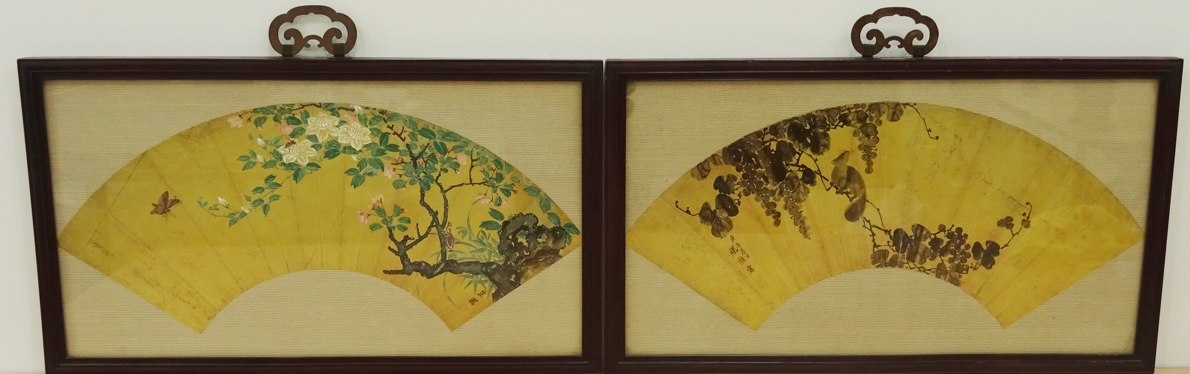 Japanese fan painting with a squirrel on a flowering branch and script on a gilt ground and another