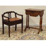 19th century mahogany work table, shaped hinged lid with maple wood interior, sliding well beneath,