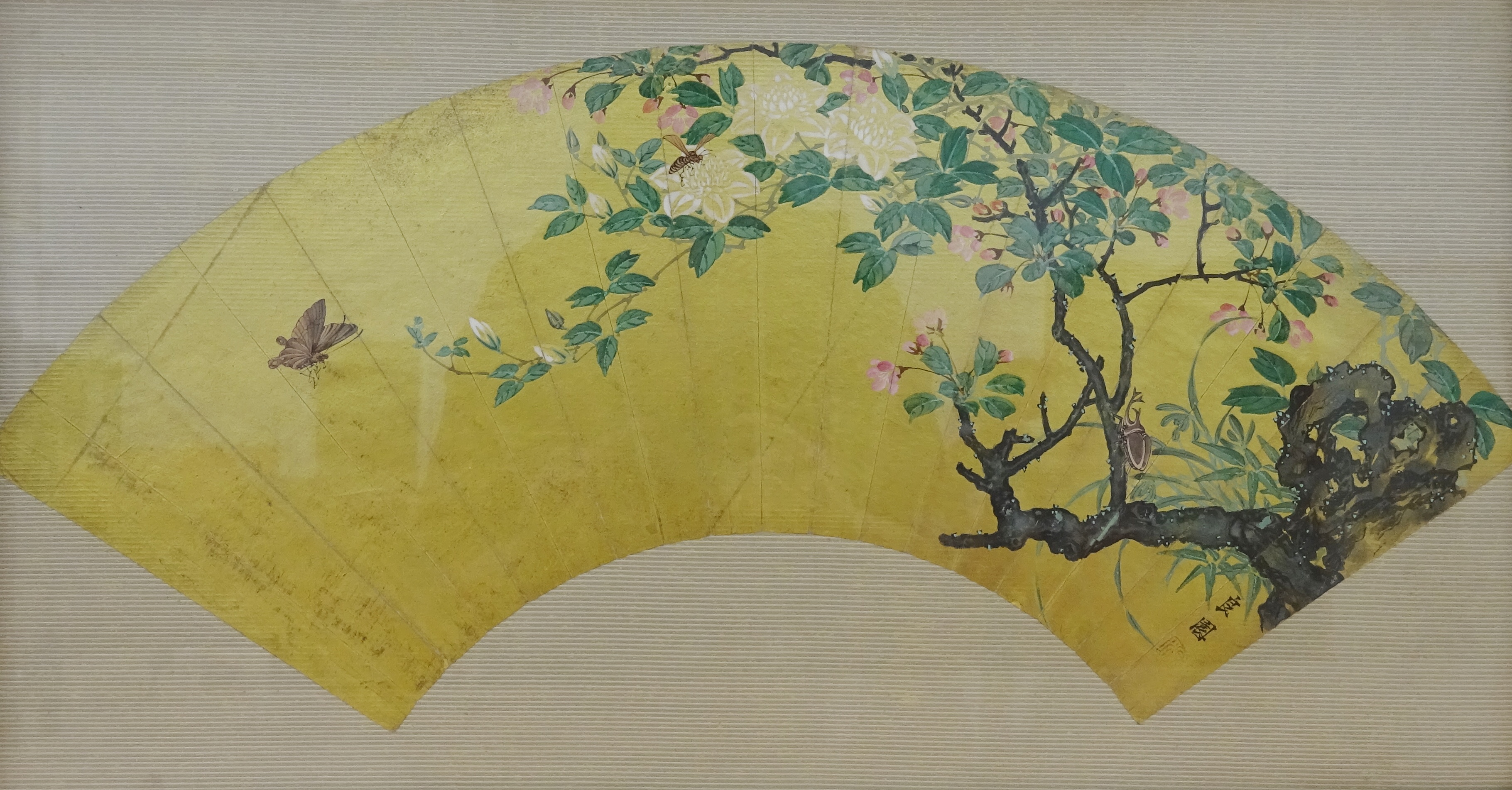 Japanese fan painting with a squirrel on a flowering branch and script on a gilt ground and another - Image 2 of 3