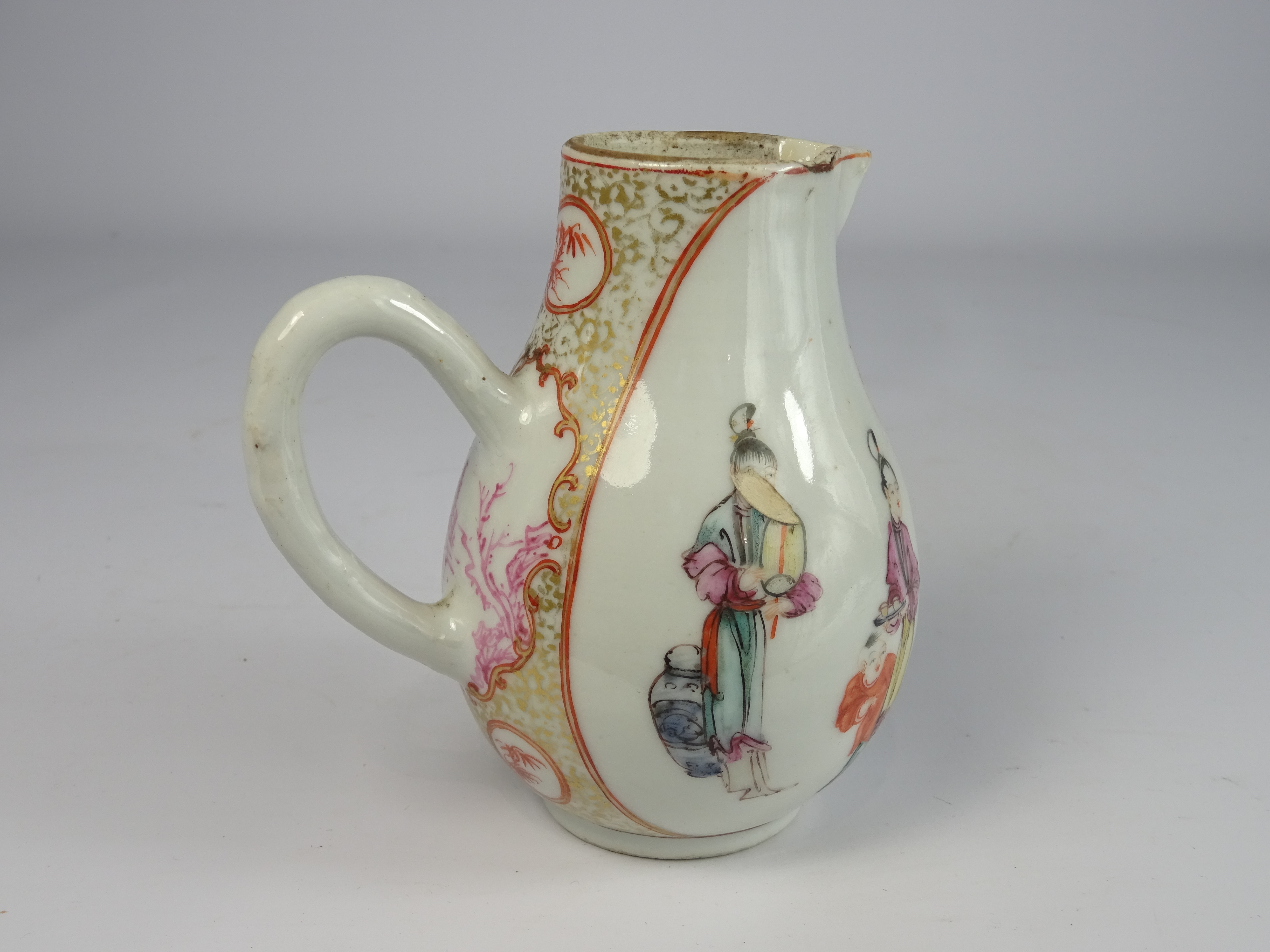 Chinese famille-rose jug decorated with figures and with sparrow beak spout and loop handle, - Image 5 of 7