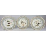 Three Meissen Plates each painted with various birds, branches,