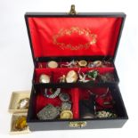 Jewellery box and contents of costume jewellery, prayer book with silver cover,