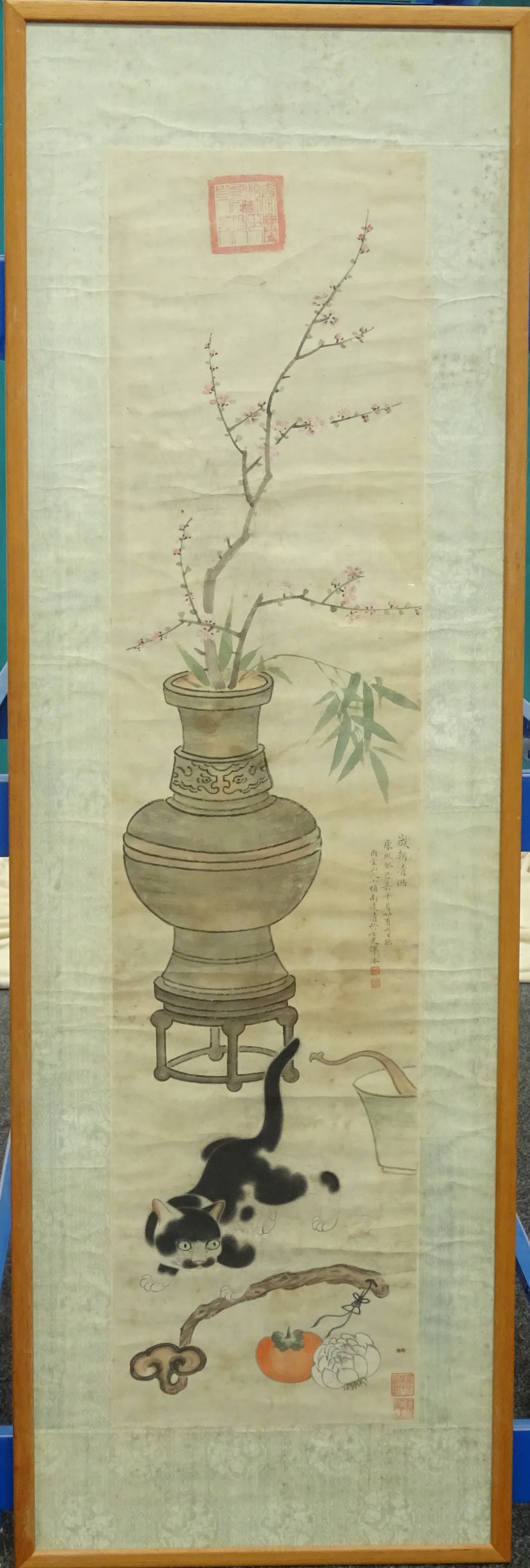 Chinese Kang Xi scroll of a cat and a vase, - Image 2 of 7