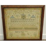 19th Century needlework sampler by Elizabeth Senior aged 20 with a large building surrounded by