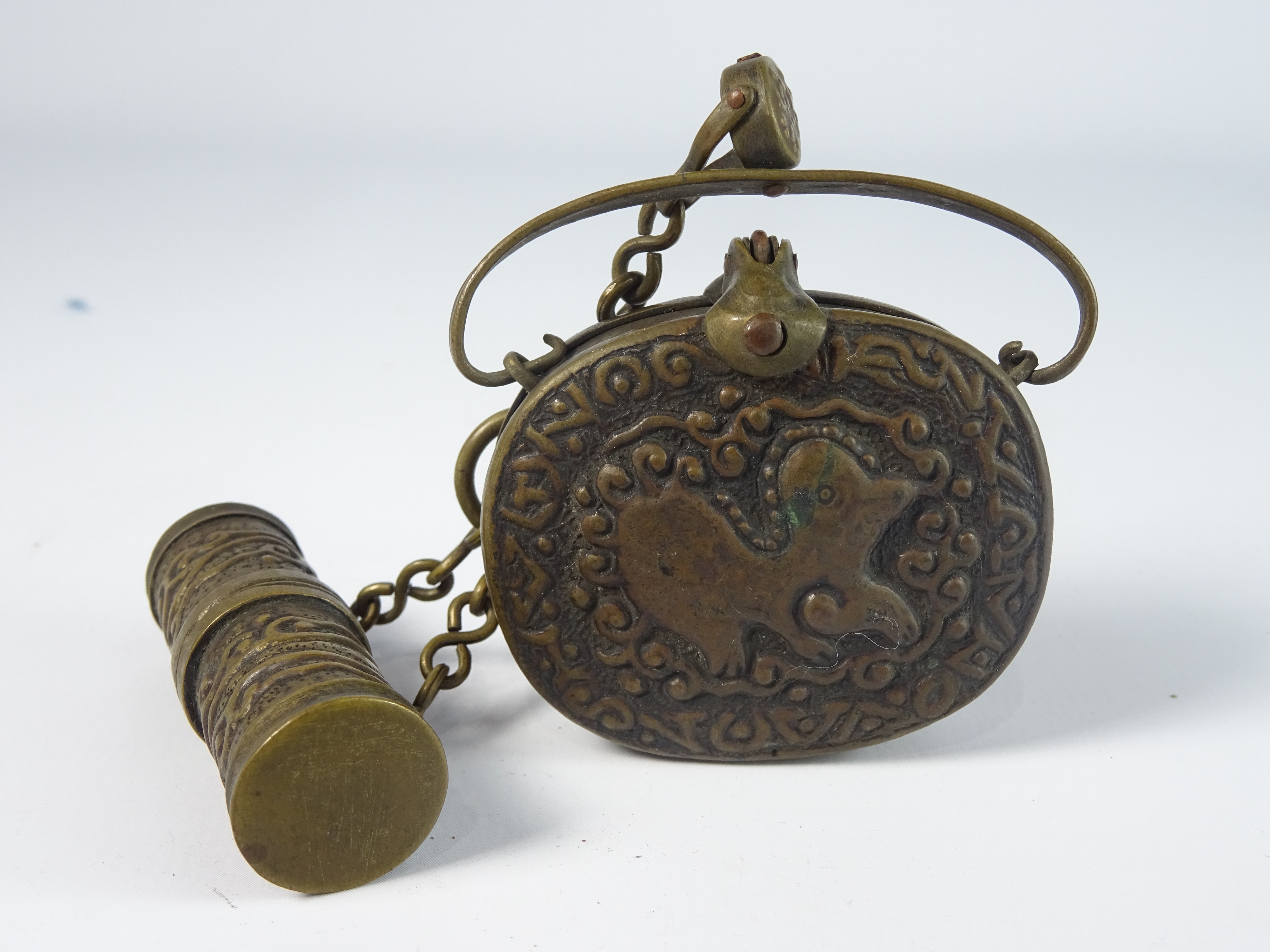 19th Century Tibetan or Japanese metal box and cover together with a cylindrical container, - Image 2 of 4