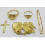 Gold Yorkshire Rose brooch, Mizpah brooch, two signet rings,