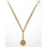 George V gold Half sovereign 1911 in a gold pendant fitting and hung on a 9ct gold curb link watch