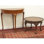 Reproduction walnut demi-lune card table, figured book matched top, folding and baize lined,