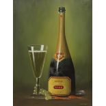 Norman Graham (20th century): "Krug" a bottle of champagne and a glass, oil on board signed,