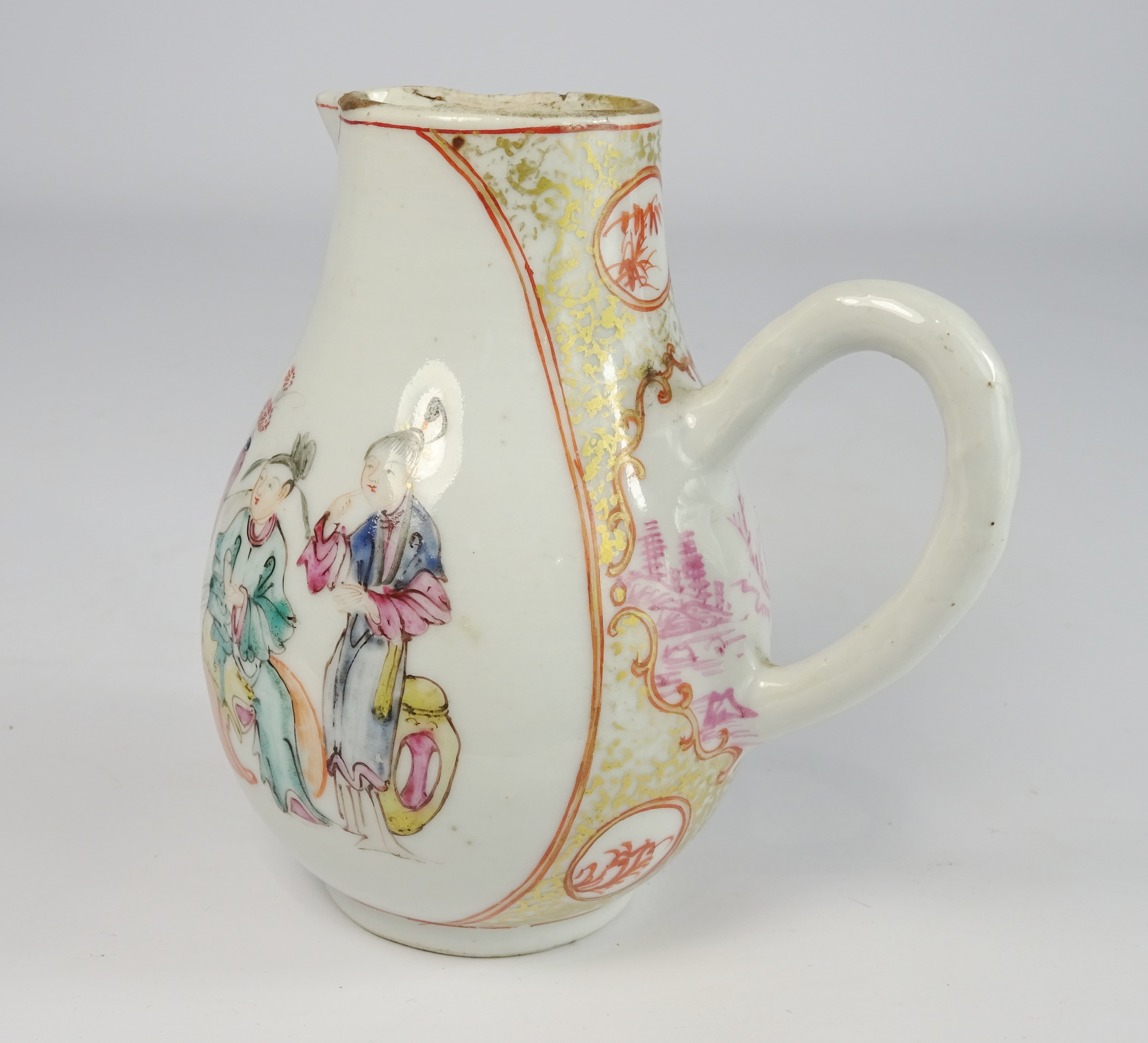 Chinese famille-rose jug decorated with figures and with sparrow beak spout and loop handle,