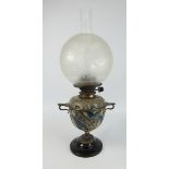 Table oil lamp with a Doulton style ceramic base and etched glass shade, H53cm.