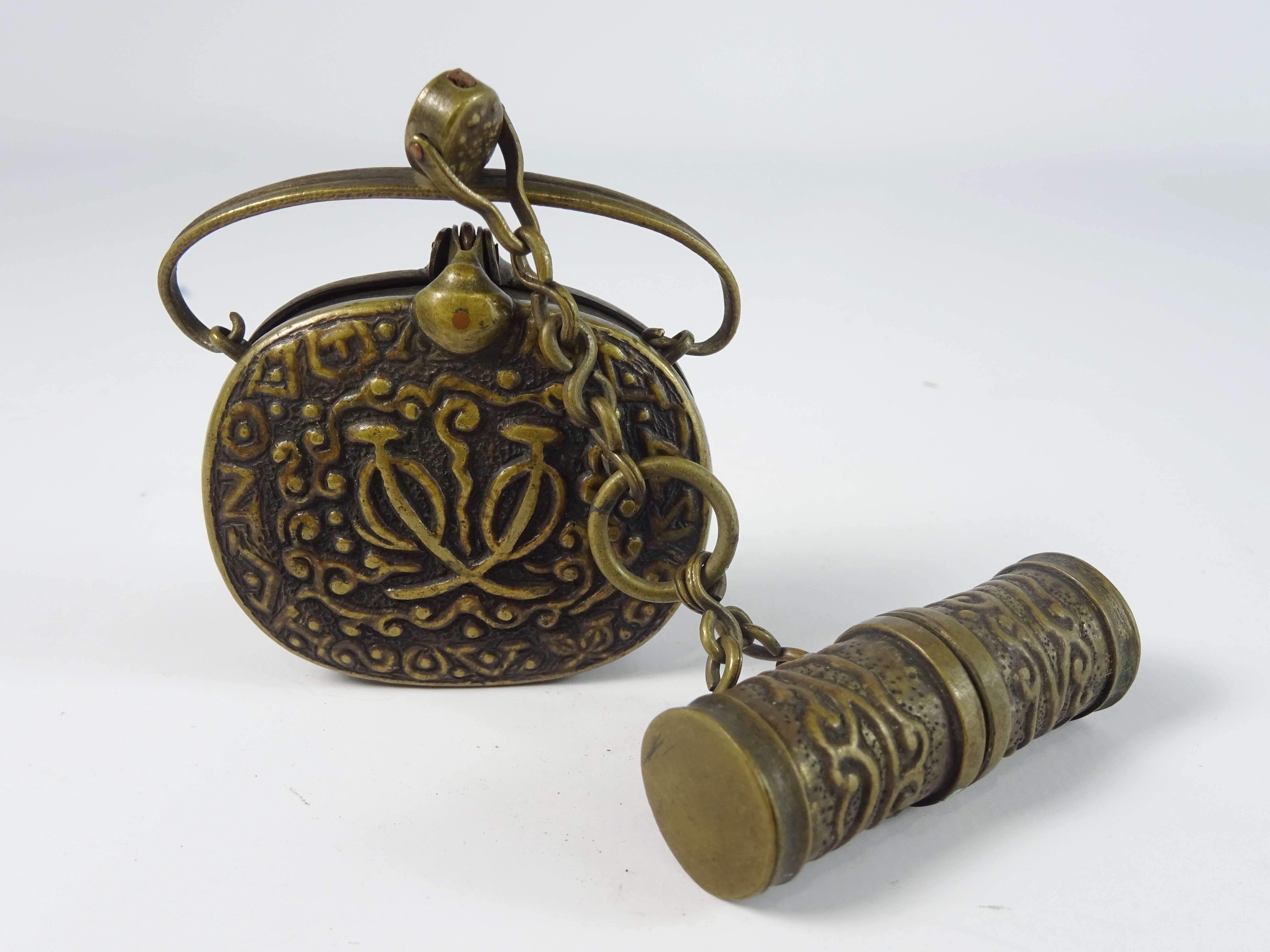 19th Century Tibetan or Japanese metal box and cover together with a cylindrical container,